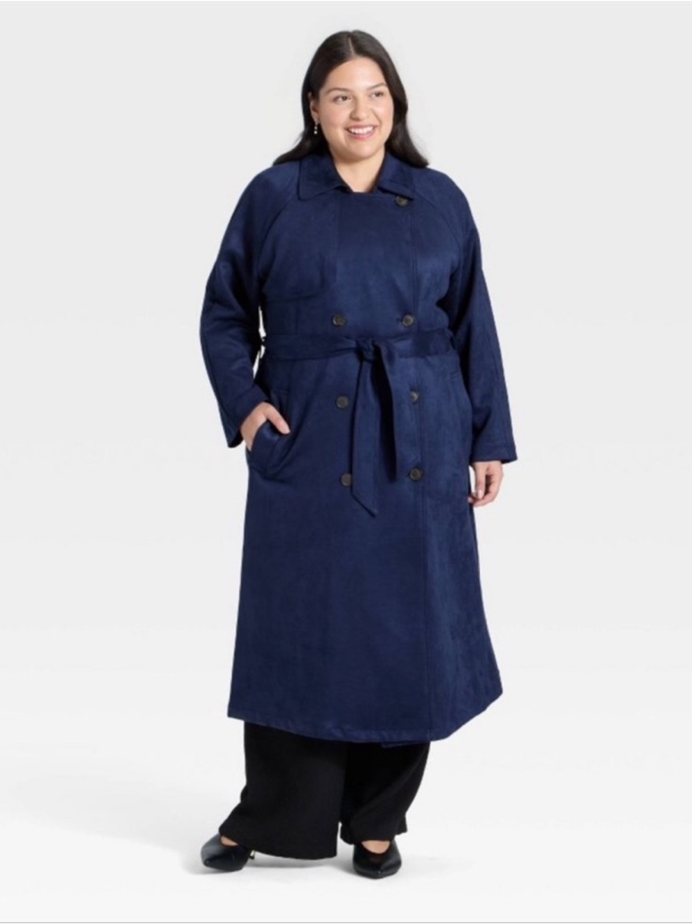 A New Day Women’s Faux Suede Trench Coat - Navy Blue Size Medium NWT